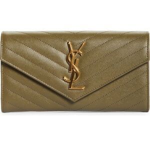 Saint Laurent Monogram Logo Leather Flap Wallet Vert Khaki